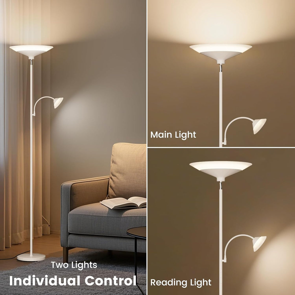 Upgraded 2-Light Torchiere Floor Lamp - 34W Color Changing Standing Lamp with Remote, Rotatable Floor Reading Light, Modern Standing Light with for Living Room Bedroom Office, White