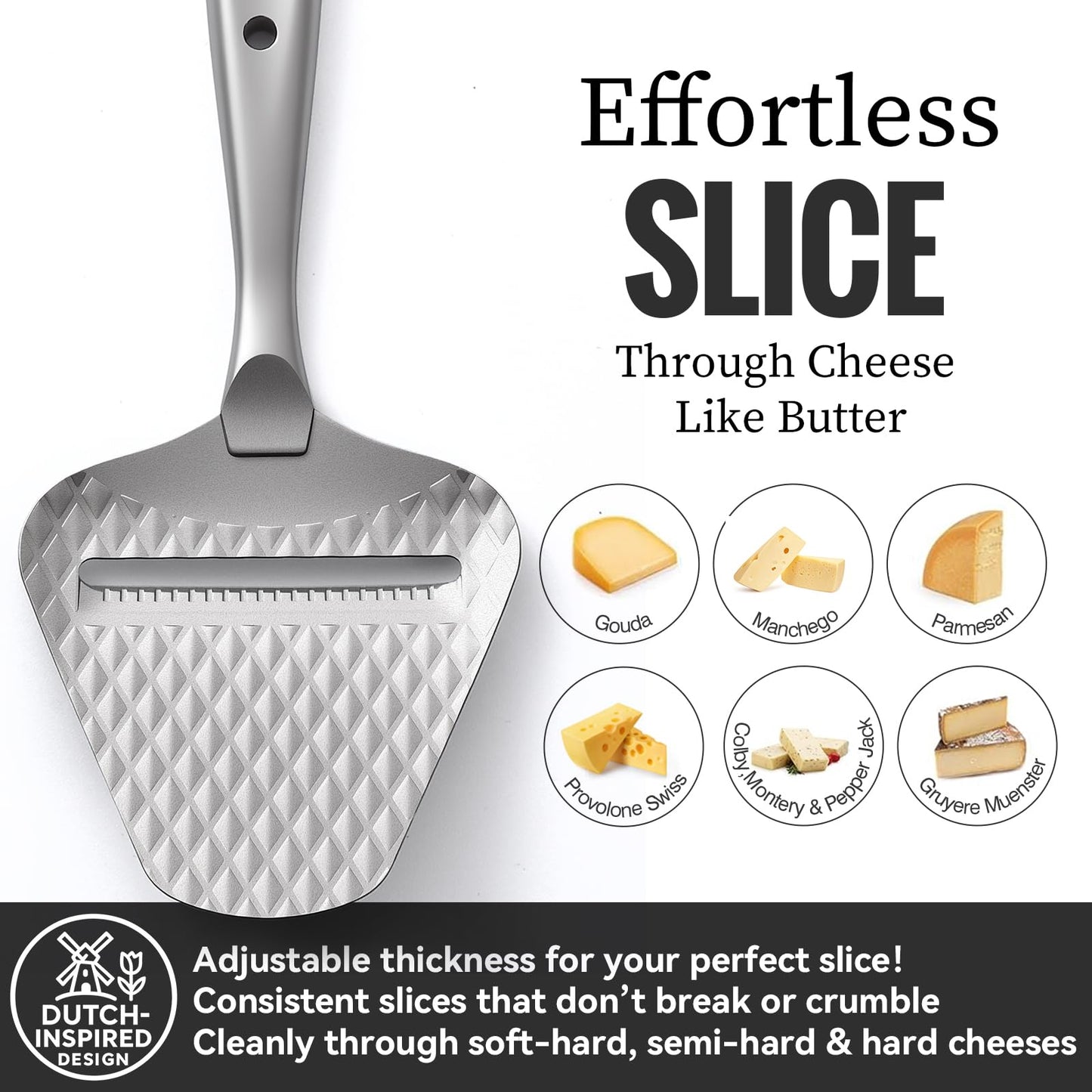 Premium Cheese Slicer – Effortless Slicing for All Cheese Types – Multi-Functional Cheese Cutter - Stainless Steel Cheese Plane – Quilted Pattern Reduces Resistance, Non-Stick, Ergonomic Handheld Grip