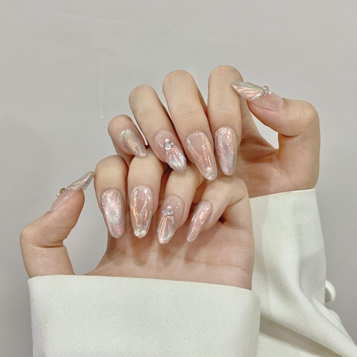 NLSJMP 3D handmade Gel nails press on false nails Almond hand-painted gentle elegant Color of the Dreamy Mermaid acrylic Reusable fake nails designed kit,10 Nails Size S #2055
