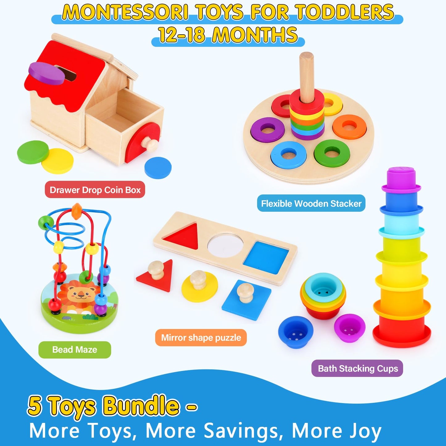 KMTJT Montessori Educational Toys for 1+ Year Old Toddler, 1st First Birthday Gifts for 1-2 Years, Includes Stacking Cups, 2 in 1 Object Permanence Box, Bead Maze, Mirror Puzzle and More