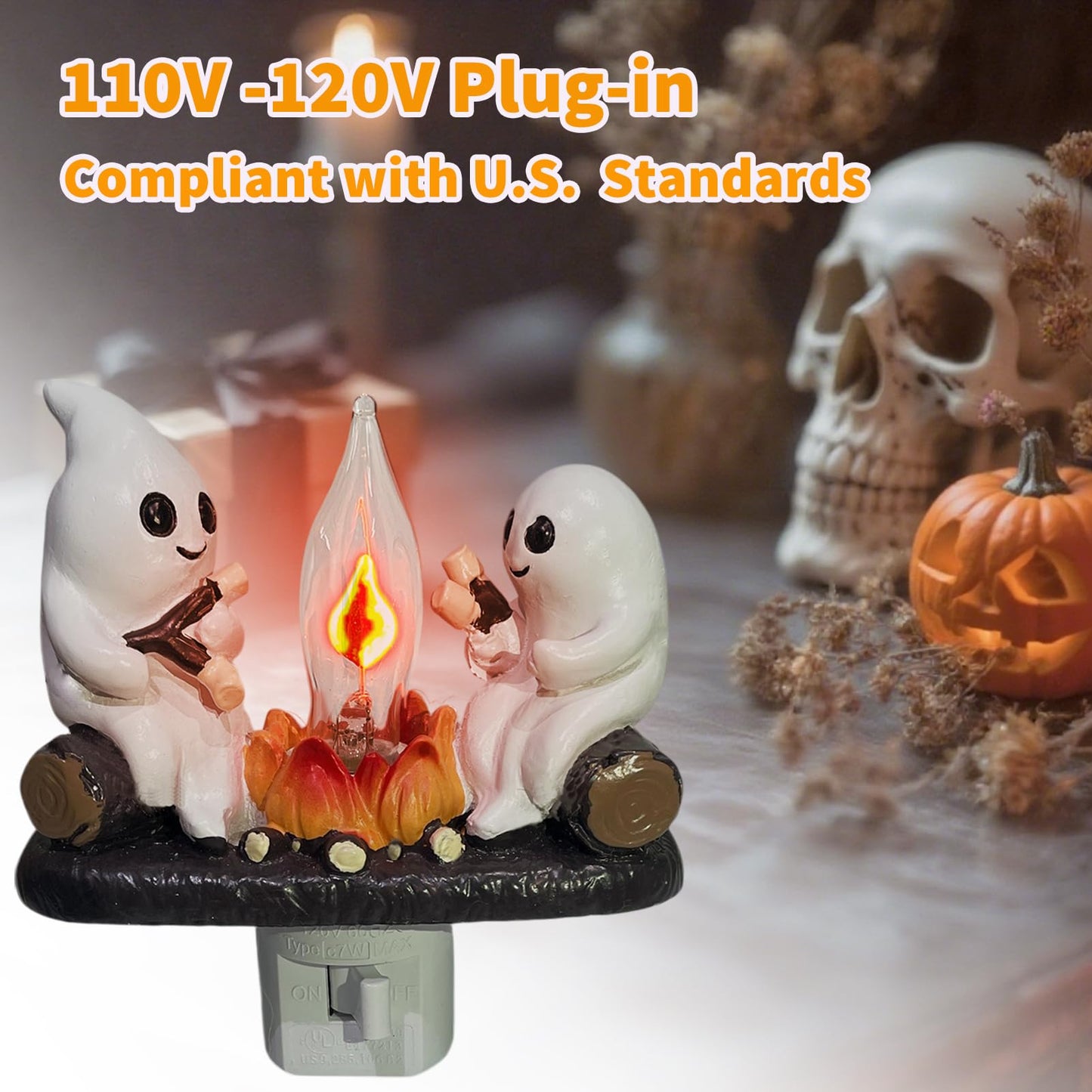 Consdemy Ghost Campfire Flickering Nightlight 120V Plug into Wall - Realistic Spooky Candles for Party Decor Indoor - Christmas & Halloween Night Light Campfire Gifts for Families, Friends (Ghost)