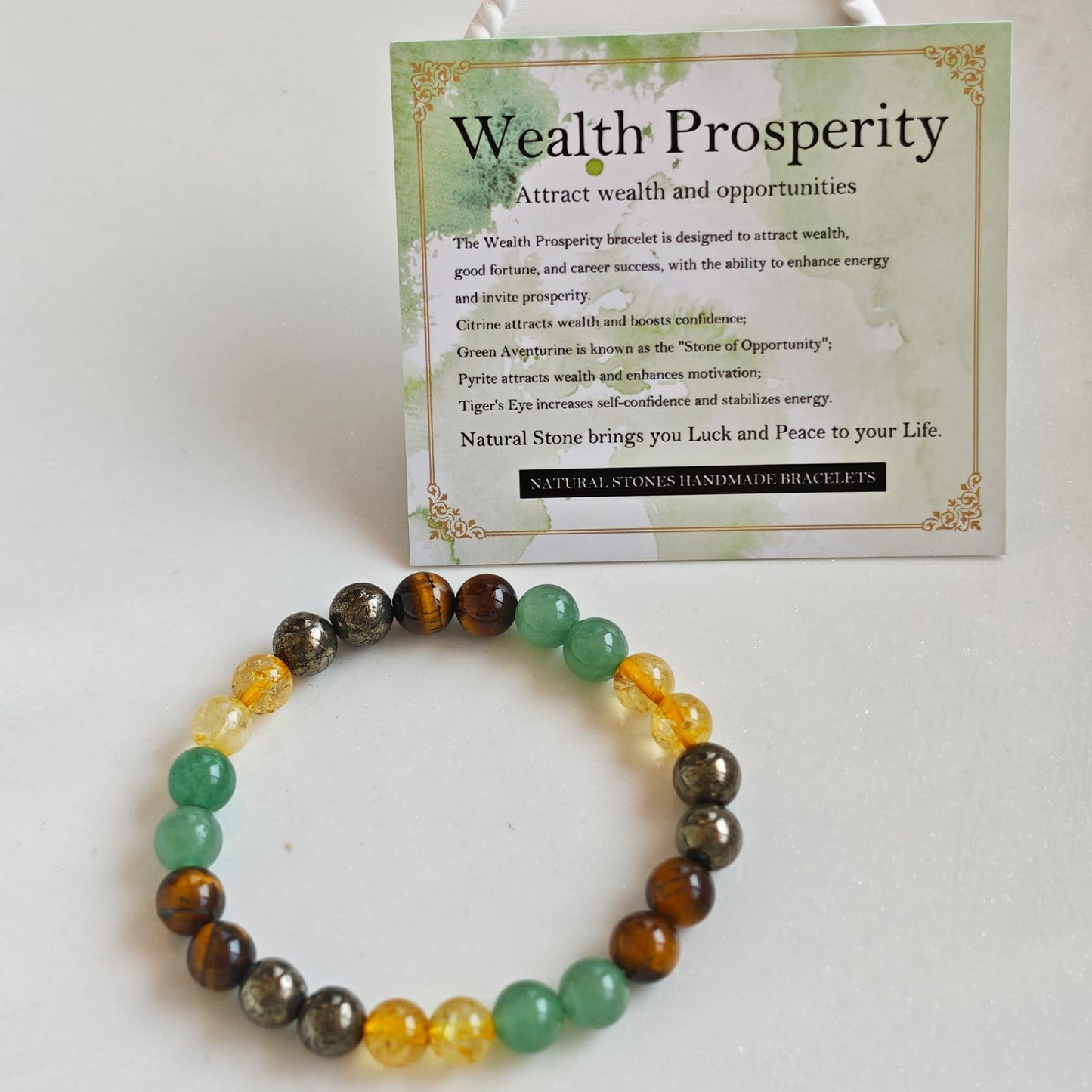 Handmade Natural Gemstone Elastic Bracelet - Healing Crystal Beads Jewelry, Unisex (Wealth Prosperity, 8mm)