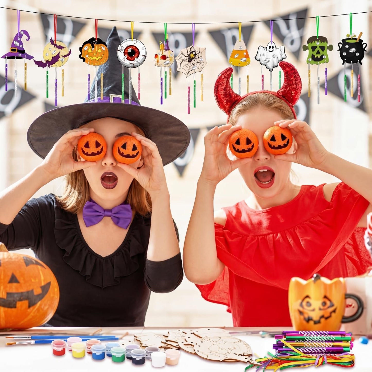 JellyArch 30 Pack Halloween Wind Chime Making Kit for Adults Make Your Own Halloween Wind Chime Ghost Pumpkin Bats DIY Crafts Wooden Ornaments for Activity Birthday Decoration