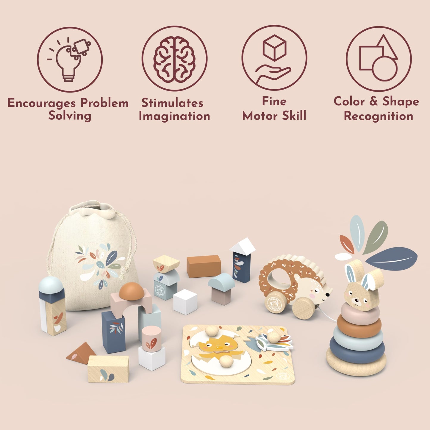 SPEEDY MONKEY Montessori My First Toy Box for Early Learning | Wooden Nursery Toy Set with Blocks, Stacking Rabbit, Chick Puzzle & Pull-Along Hedgehog | for Kids Ages 1+