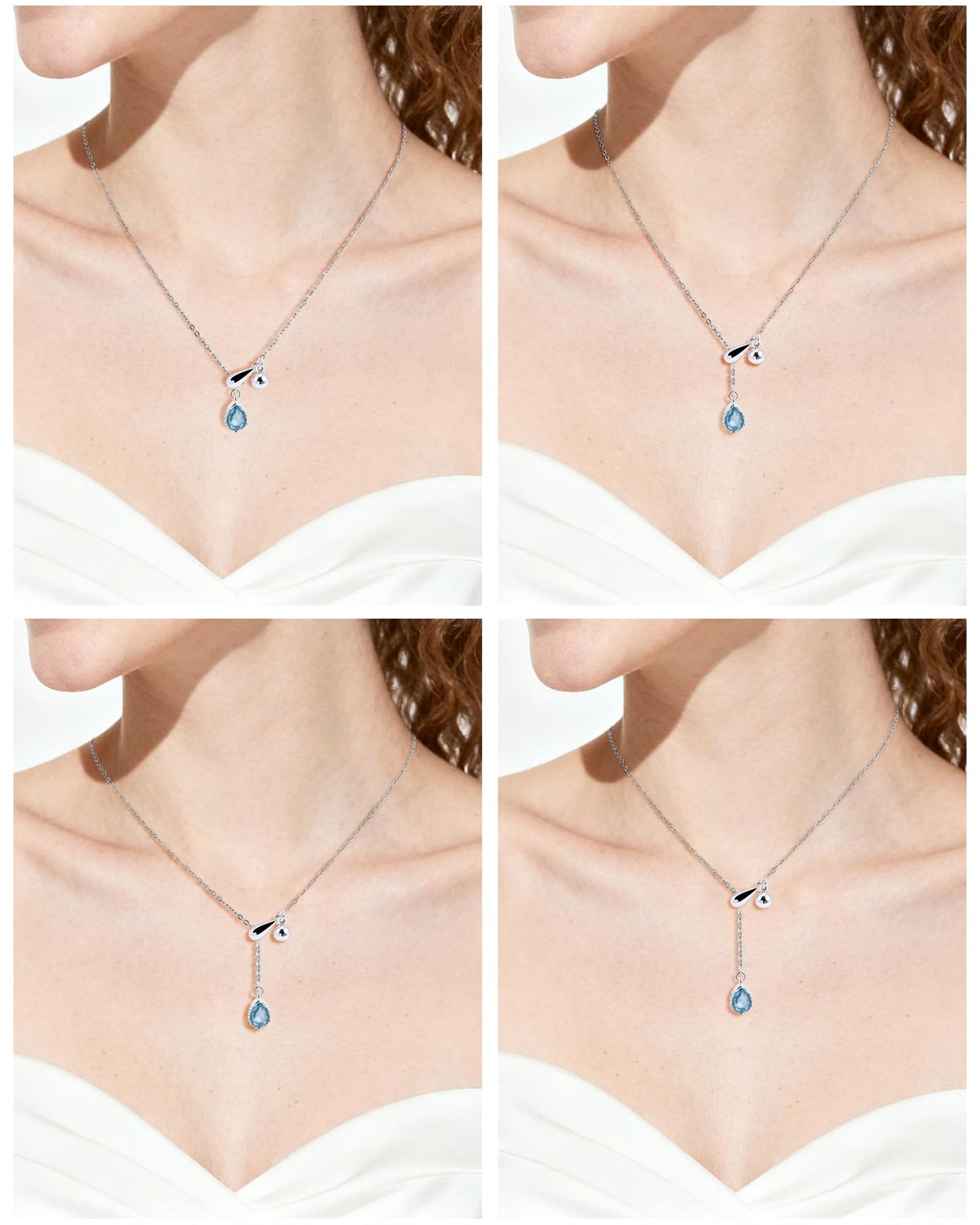 Zikichiky Aquamarine Silver Lariat Necklace for Women-Silver Teardrop Pendant Necklace Slip Chain Light Blue Birthstone Adjustable Jewelry