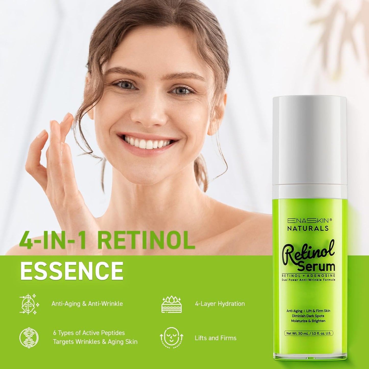 Anti-Wrinkle Retinol Serum for Face: Anti Aging Firming Skin Treatment with Hyaluronic Acid & Collagen - Deep Hydration Facial Care for Women Over 30，Daily & Night Use, 1.0 fl.oz