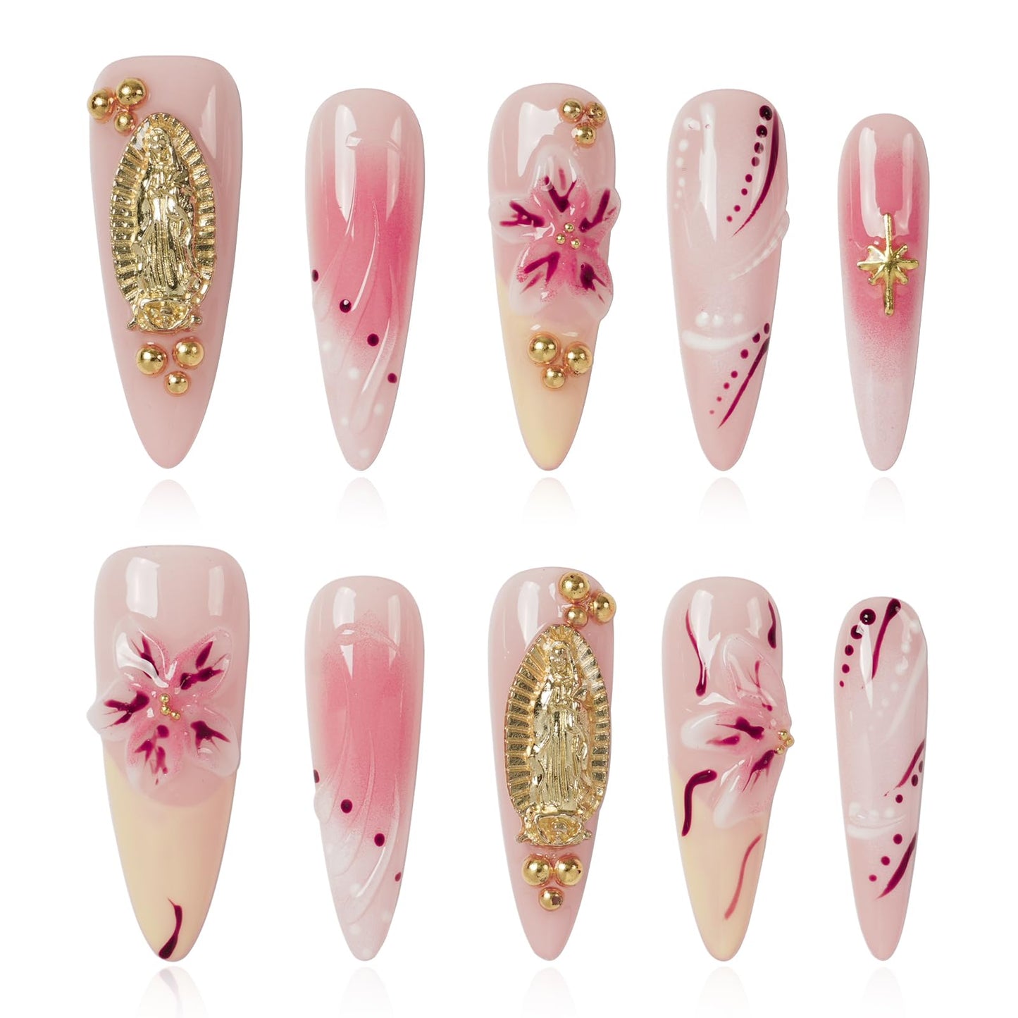 Tesytto Handmade Press on Nails Almond Shape Glossy Reusable False Nails for Nail Art (Blush Gilded Gold, M)
