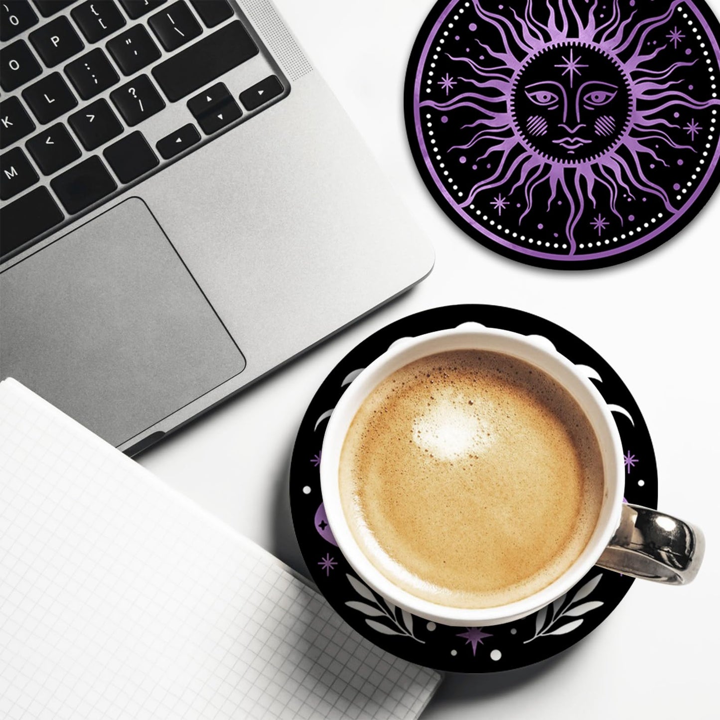 Paayna Moon Phase Sun Ceramic Coasters with Holder Set of 6, Mystical Astrology Snack Moth Absorbent Drink Cup Mat for Coffee Table Protection, 4'' Retro Dark Home Kitchen Decor Housewarming Gifts