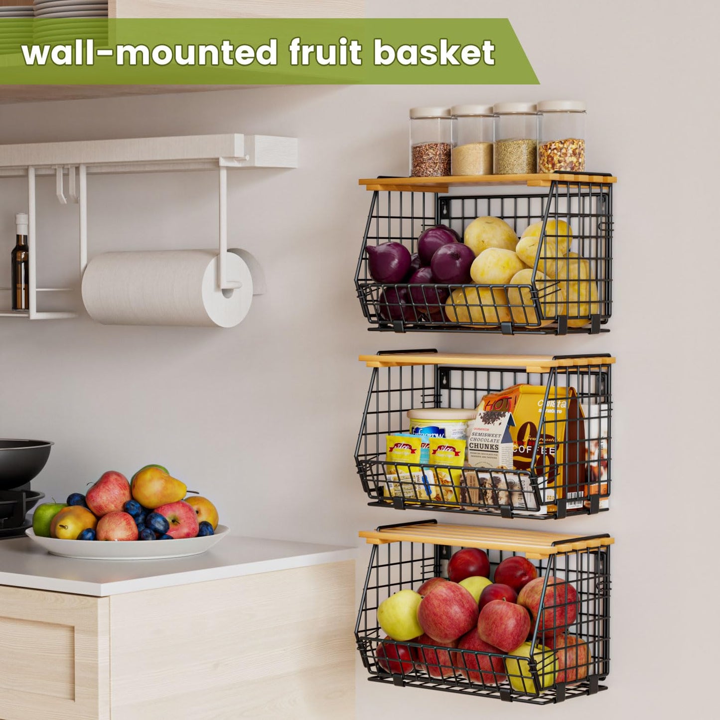 GGIU Wire Fruit Basket for Kitchen Storage: Hanging and Counter Basket for Vegetable Produce - Potato and Onion Storage for Pantry 3 Pack