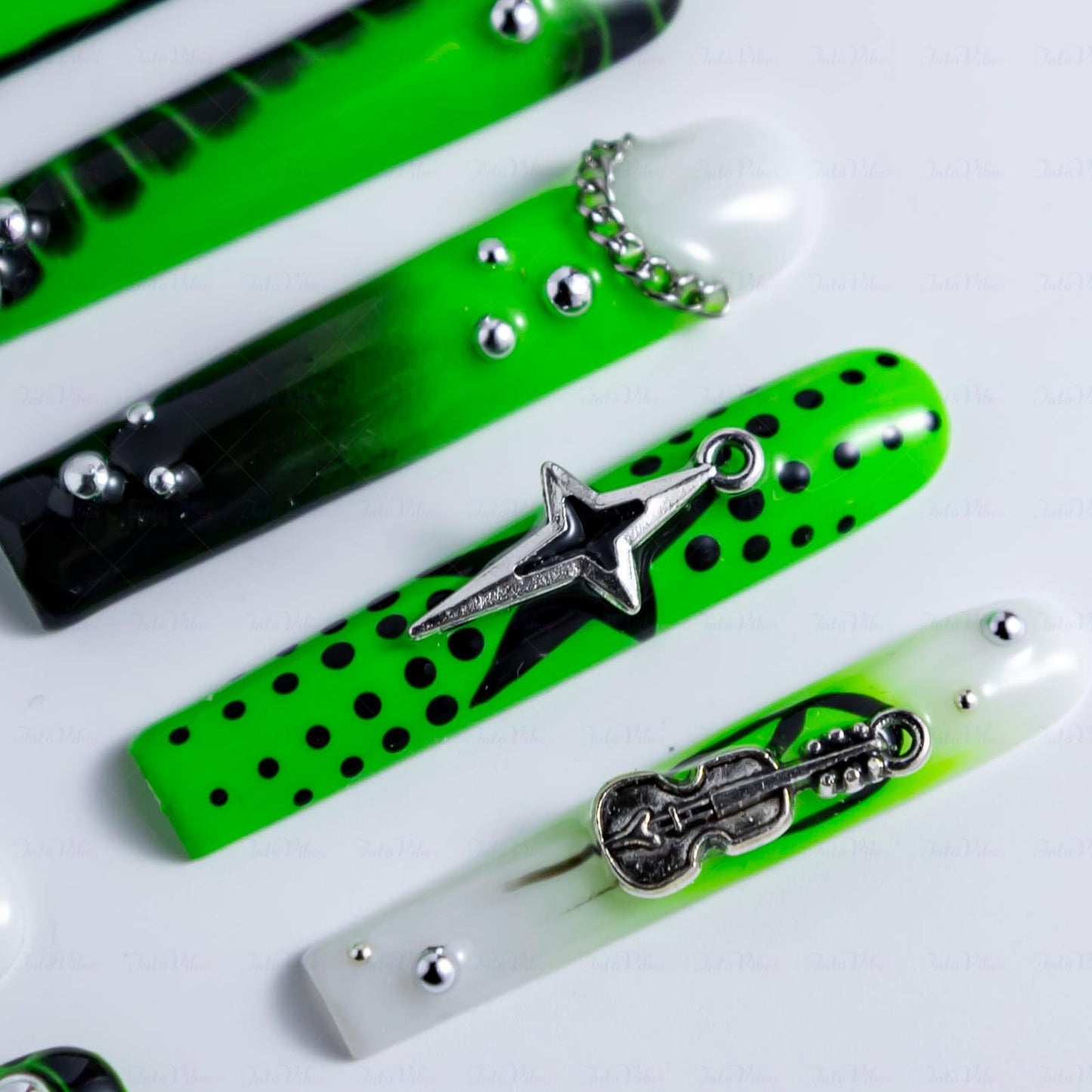 IntoVibes 10 Pieces Handmade Luxury Punk Style Long Press On Nails With Square Design, Guitar And Bow Tie, Green Thickened False Nails, Reusable Fake Nails, Acrylic Nails (M)