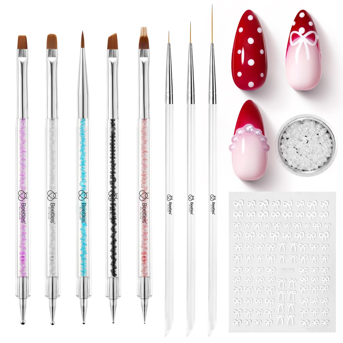Beetles Manicure Kit for Women with Cuticle Remover, 3 PCS Pink Mani & Nail Art Brushes 8pcs – Crystal Nail Art Tools 5pcs Double-headed Nail