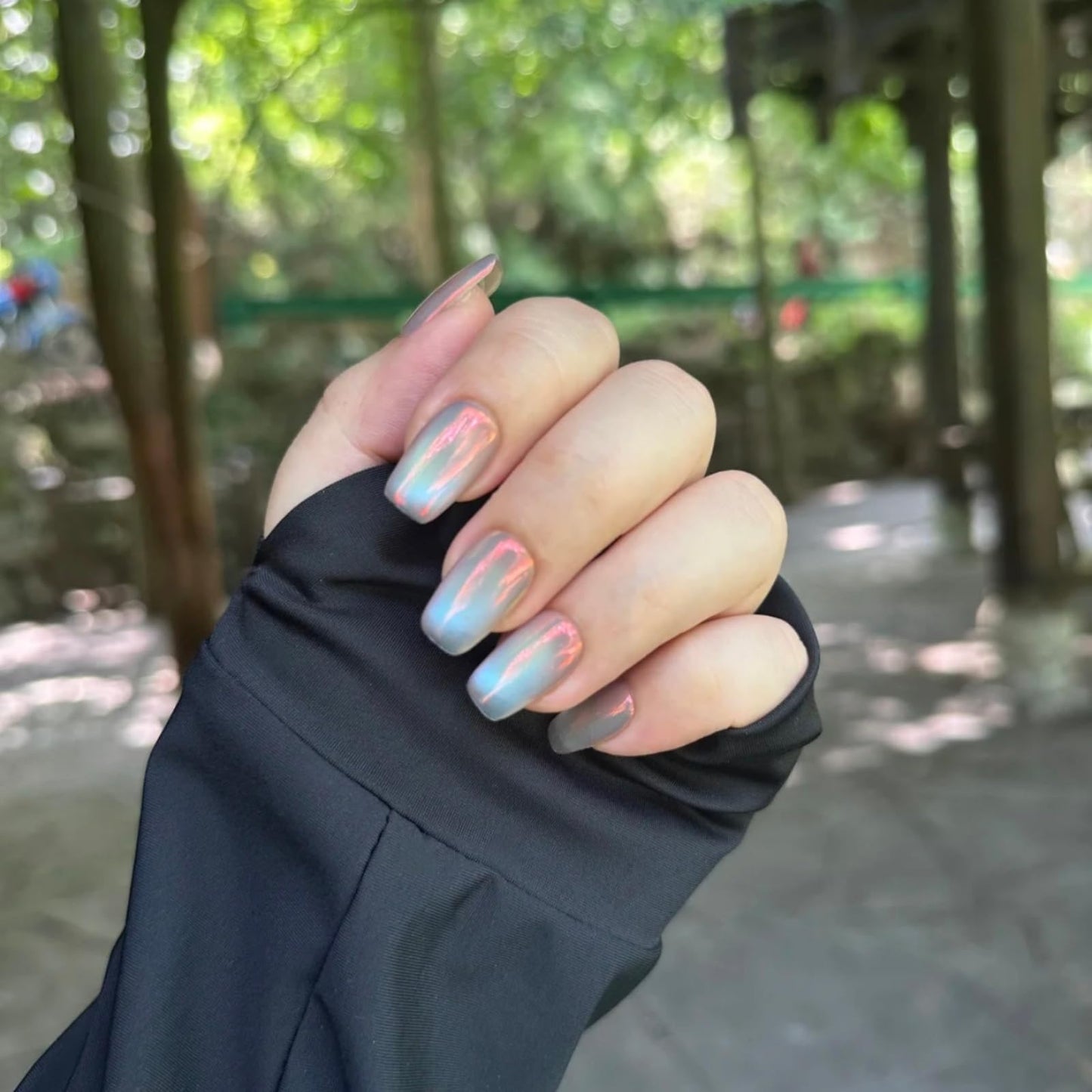 Cat Eye Press on Nails Handmade Short Oval/Square/Round False Nails with French Tip/Aurora/Magnetic Shimmer Designs (Aurora#Sunset River L)