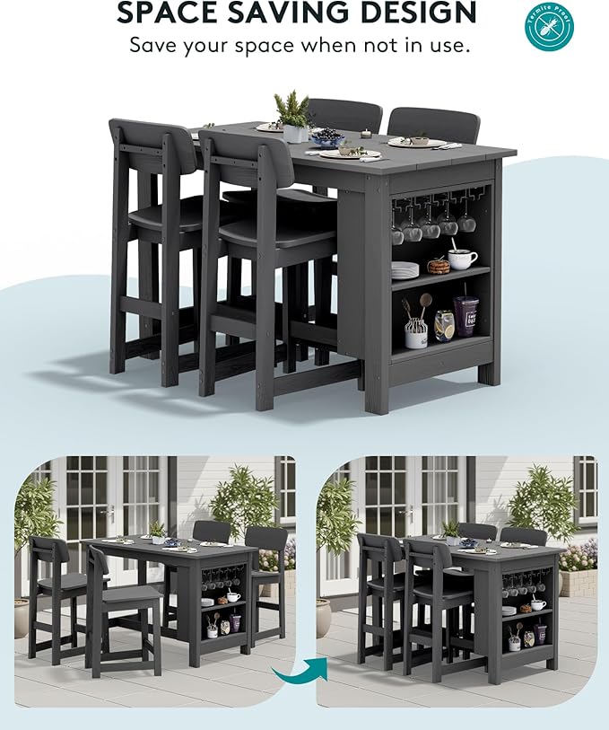 SERWALL 8-Piece Counter Height DiningTable Sets with Storage and Wine Rack, HDPE 2 Rectangular Bar Table with Bar Stools Set of 6 for Garden, Backyard, Kitchen, Gray