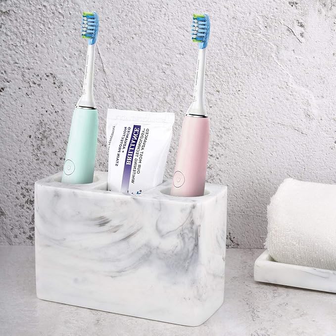 Luxspire Electric Toothbrush Holder, 3 Slots Large Marble Toothbrush Toothpaste Stand, Resin Storage for Bathroom Accessories Vanity Counter Sink Organizer Caddy Marble Style- Ink White