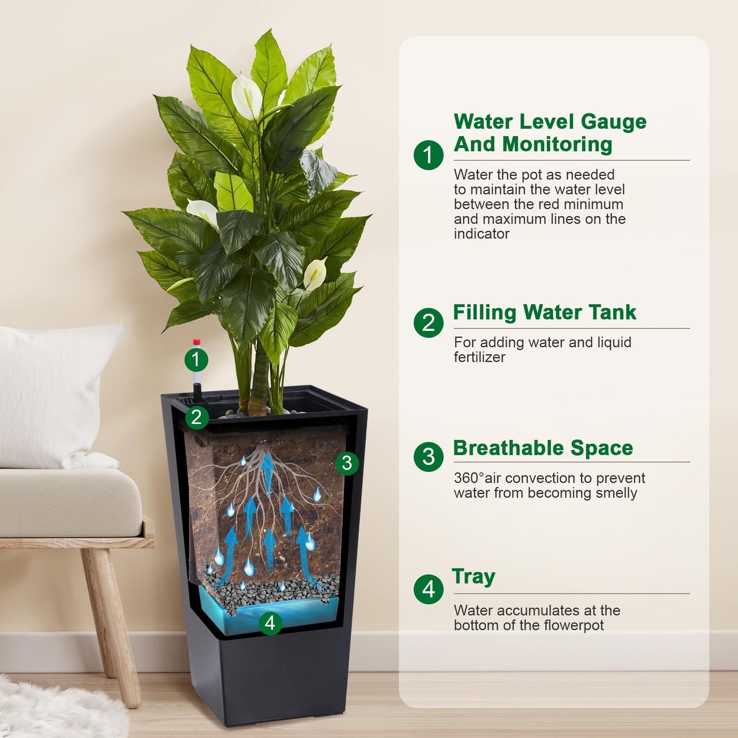 Black Planters Outdoor Set of 2, 22 Inch Tall Plastic Planter with Drainage Holes & Water Level Monitor & Inner Bucket, Indoor & Outdoor Large Planters for Front Porch, Patio, Balcony, Living Room