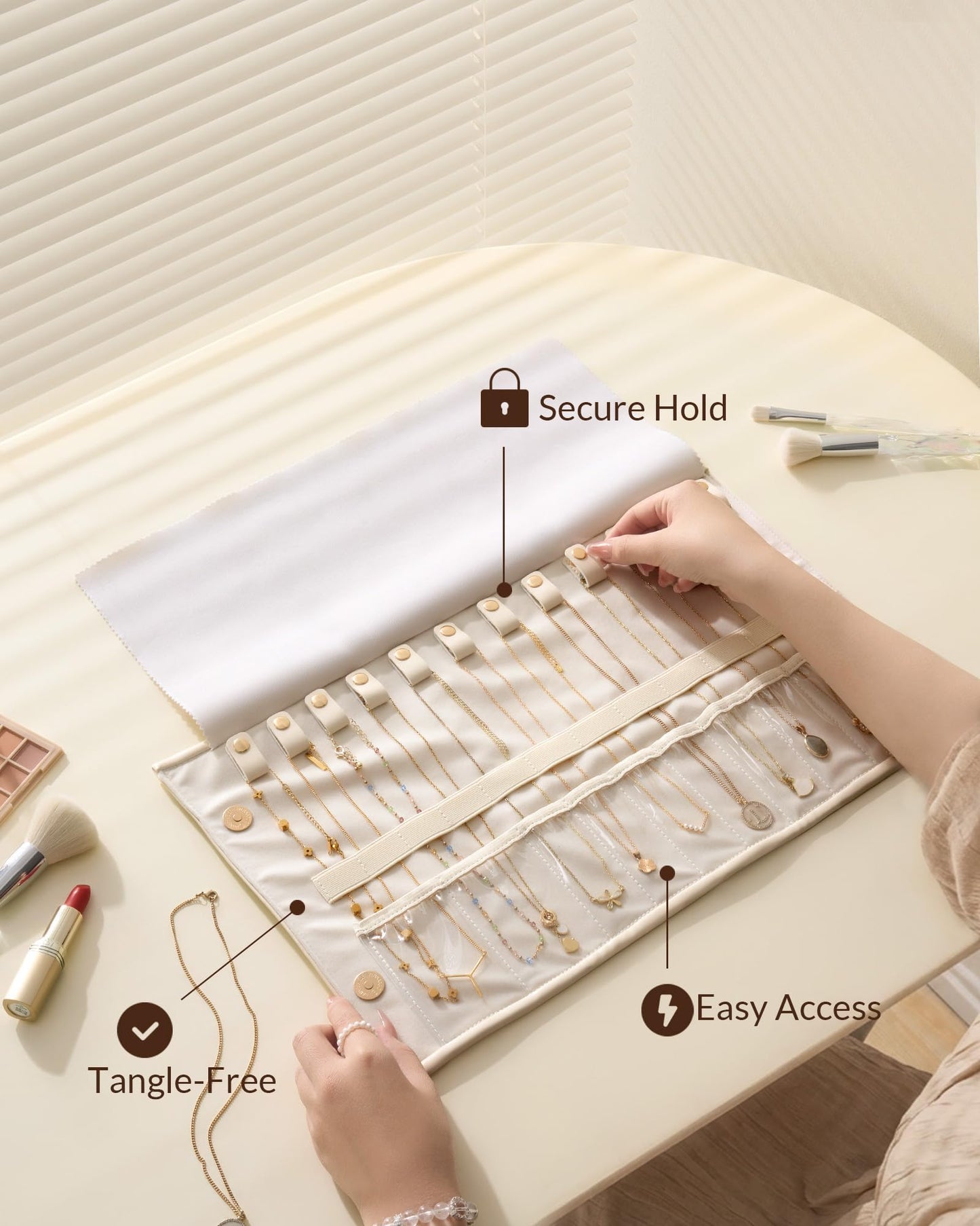 Lolalet Cream 2 Layer Jewelry Box Organizer with Drawers and Beige 12 Slots Travel Necklace Organizer Bundle, Jewelry Storage and Travel Solution