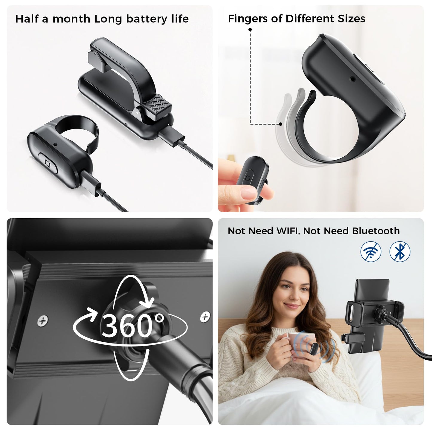 [Case-Friendly] Long Tablet Stand for Kindle with Page Turner Ring Remote, Gooseneck Holder for Reading in Bed with Clicker, eReader Accessories Gift for Readers Compatible with iPad iPhone Fire HD