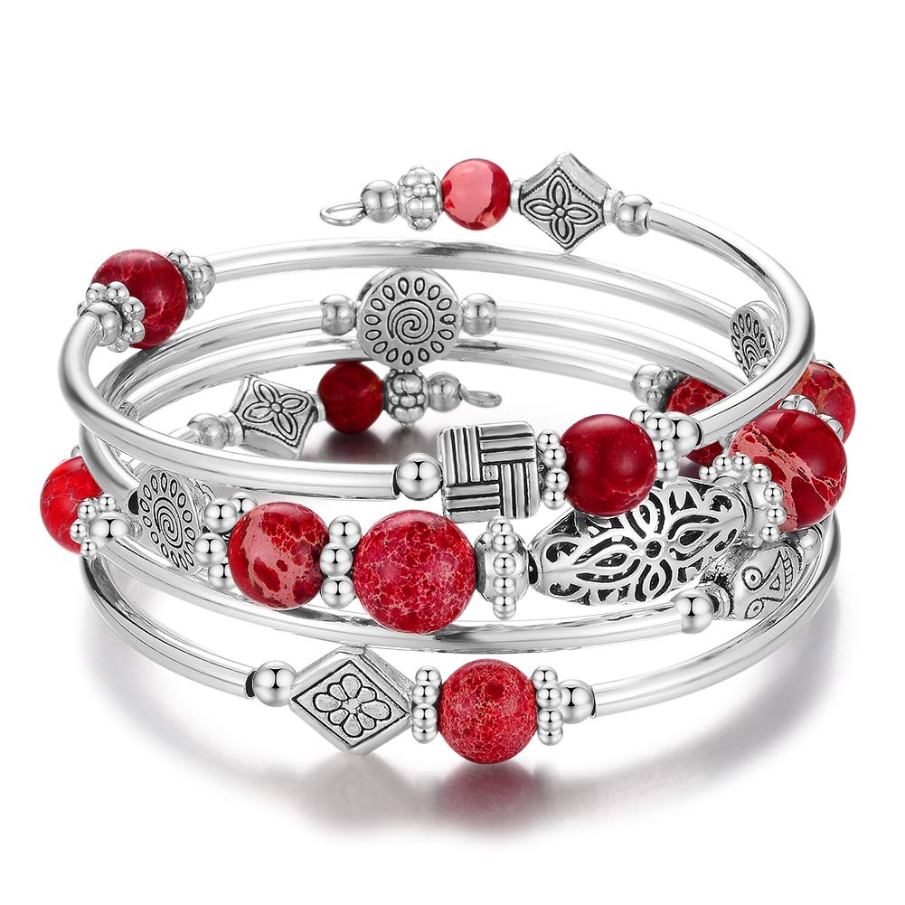 BULINLIN Layered Wrap Bangle Turquoise Bracelet - Bead Bracelet with Natural Agate Stone, Gifts For Women (13-Imperial red)