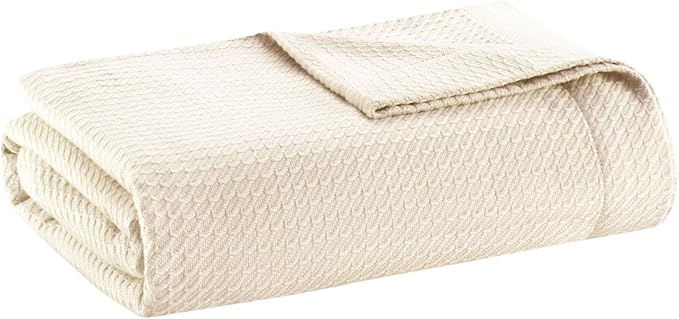 Madison Park Soft Certified 100% Egyptian Cotton Breathable Cozy Blanket, Premium Waffle Knit Classic Design, Luxury All Season Lightweight Cover for Bed, Couch and Sofa, Cream Full/Queen(90"x90")