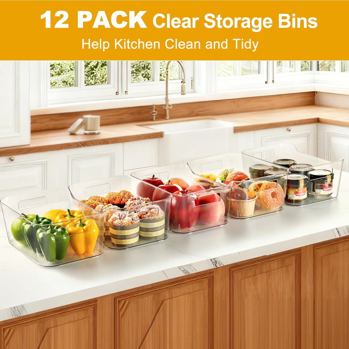 Hudgan 12 Pack Pantry Storage Bins for Kitchen Cabinet, Clear Plastic Organizer Bins for Bathroom, Pantry Organizer Containers for Home Edit, Drawer, Under Sink, Fridge