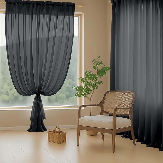 Halloween Black Sheer Curtains 84 Inches Long 2 Panels, Elegant Airy Transparent Light Filtering Window Curtains, Window Drapes for Living Room, Top Dual Rod Pocket Design, 2x42Wx84L Inches