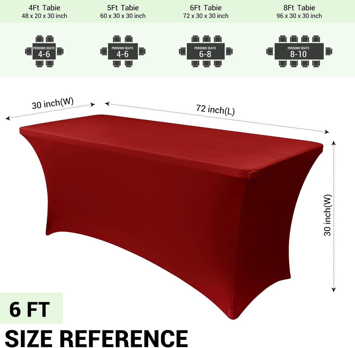 Obstal Spandex Table Cover 6ft Fitted Tablecloth Rectangular - Stretch Rectangle Folding Table Cloth for Birthday Party Wedding Banquet, Dark Red, 72L x 30W Inch