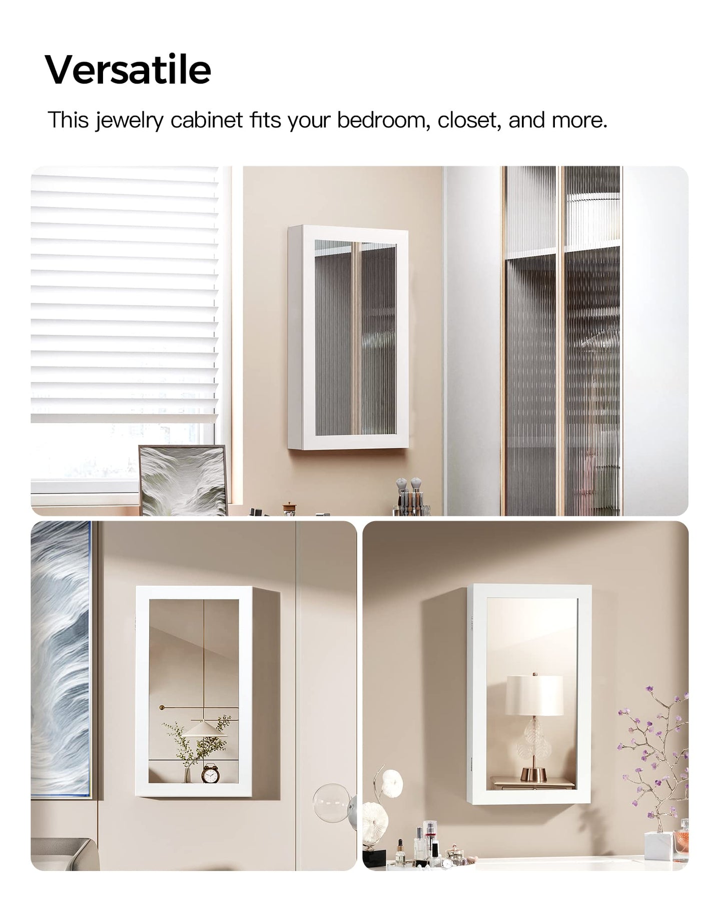 SONGMICS Lockable Jewelry Cabinet Armoire with Mirror, Wall-Mounted Space Saving Jewelry Storage Organizer, White UJJC51WT