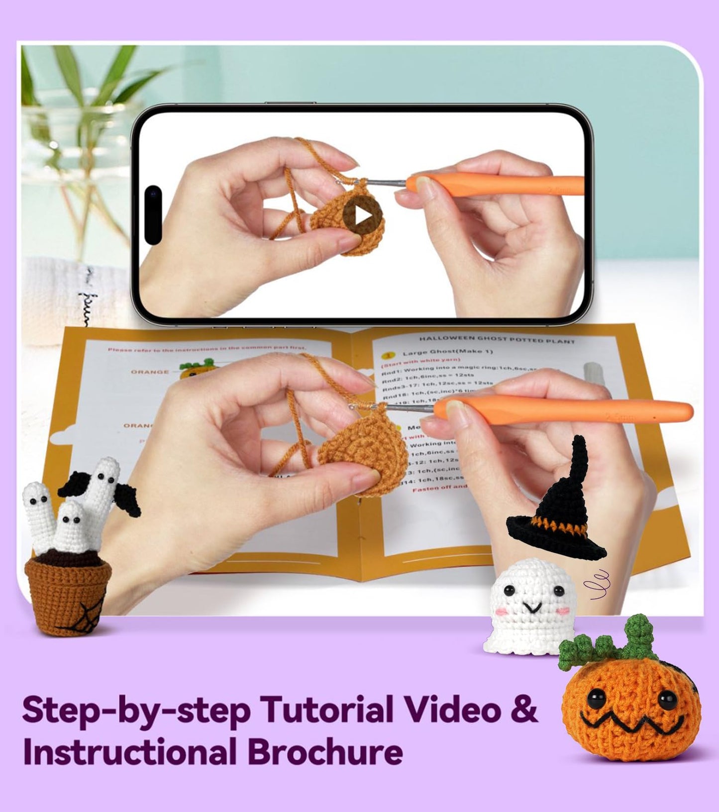 Spearlcable Crochet Starter Kit, Crochet Kit for Beginners with Step-by-Step Video Tutorials, DIY Knitting Kit Halloween Pumpkin Decor for Adults with Gift Box (Halloween Decor Set)
