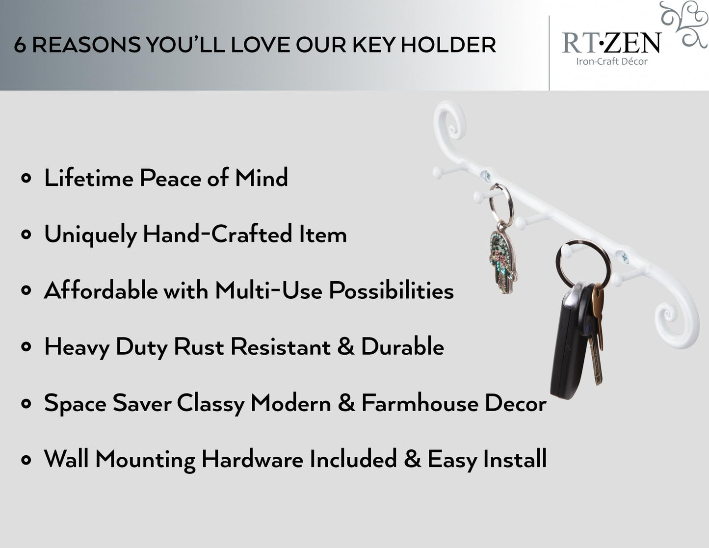 RTZEN Farmhouse Small Key Holder for Wall - Handcrafted Swirl Decorative 5 Key Hooks for Home Entryway - Wrought Iron Wall Mount Rack Purse Coat and Leash Holder or Organizer (Classic White)