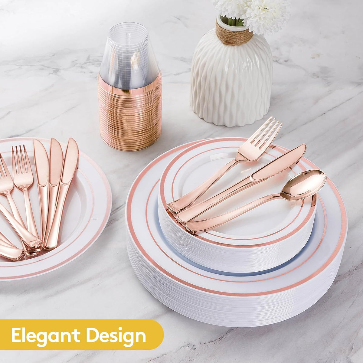 Goodluck 600 Pieces Rose Gold Disposable Plates for 100 Guests, Plastic Plates for Party, Wedding, Dinnerware Set of 100 Dinner Plate, 100 Salad Plates, 100 Spoons, 100 Forks, 100 Knives, 100 Cups