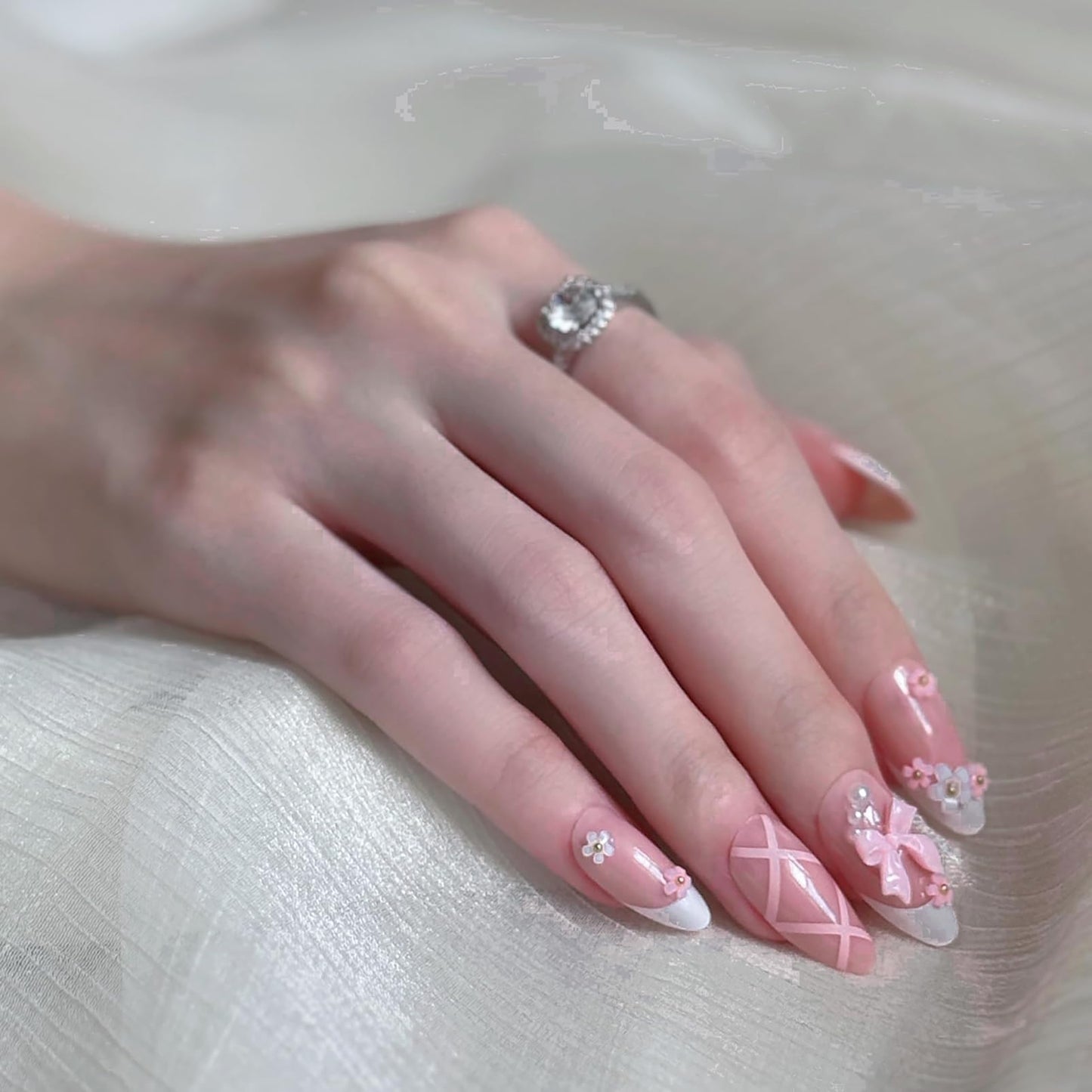 24 Pcs 3D Pink Press on Nails Y2K with Glue Butterfly and Flower Designs Bow Nails Pink Acrylic Nails Cute Press on Nails