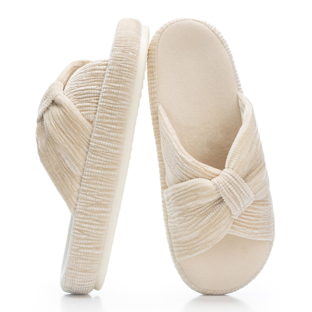 Slippers for Women Memory Foam House Bedroom Bow Crossbands Pearlescent Slipper Shoes Comfy Trendy Gift Slippers Beige Size 5 6 5.5
