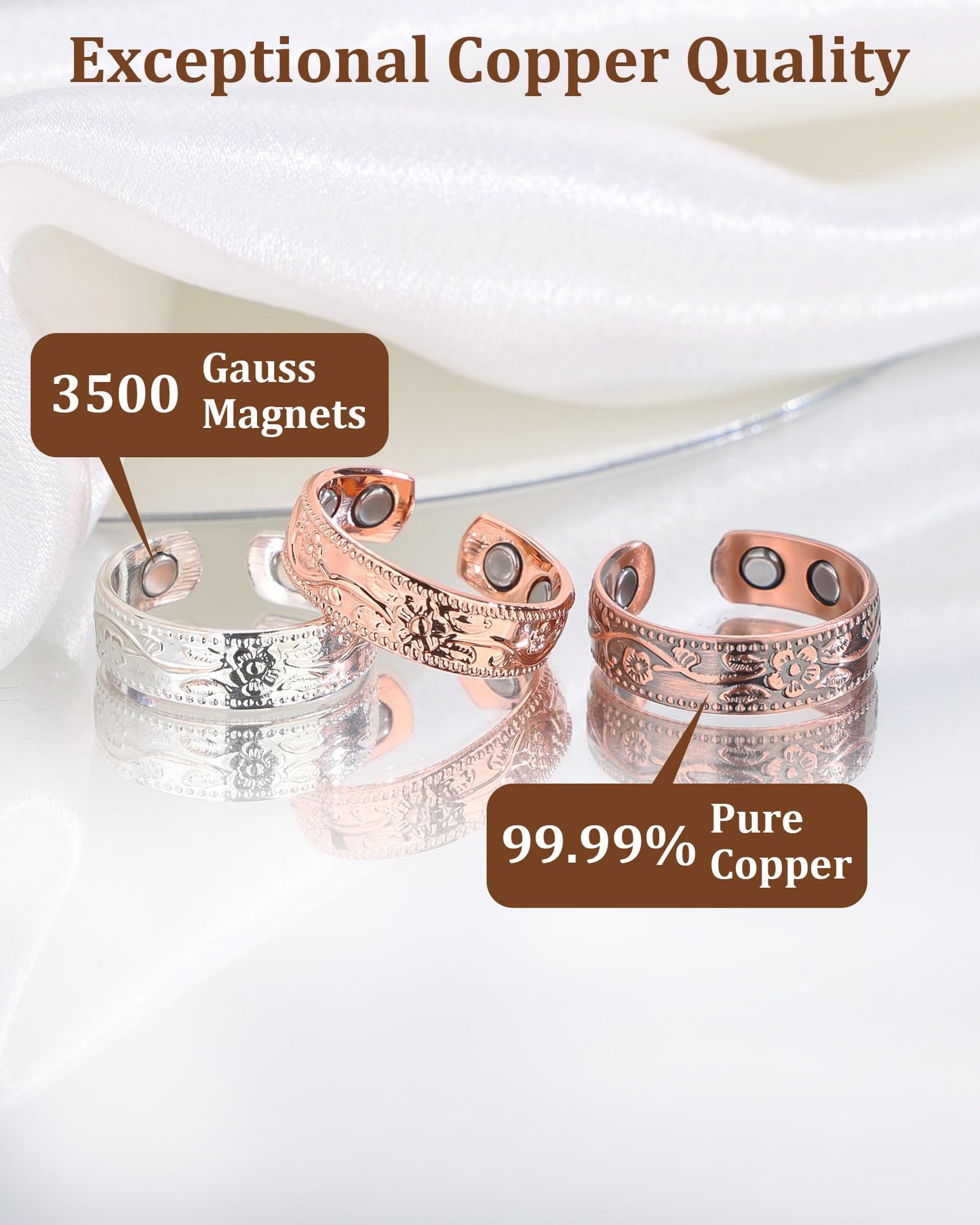 BioMag Magnetic Lymphatic Drainage Ring Set, 3Pcs 99.99% Pure Copper Rings for Women with 3500 Gauss Magnets, Adjustable Size, Floral Branch and Leaf Pattern
