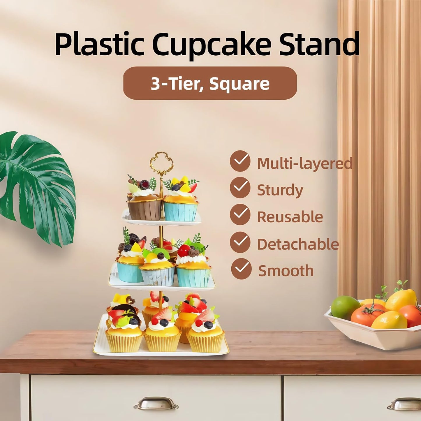 2 Pack RAUVOLFIA Plastic 3 Tier Cupcake Stand with Gold Rim, Plastic Tiered Serving Stand, Dessert Tower Tray for Tea Party, Baby Shower and Wedding, Square