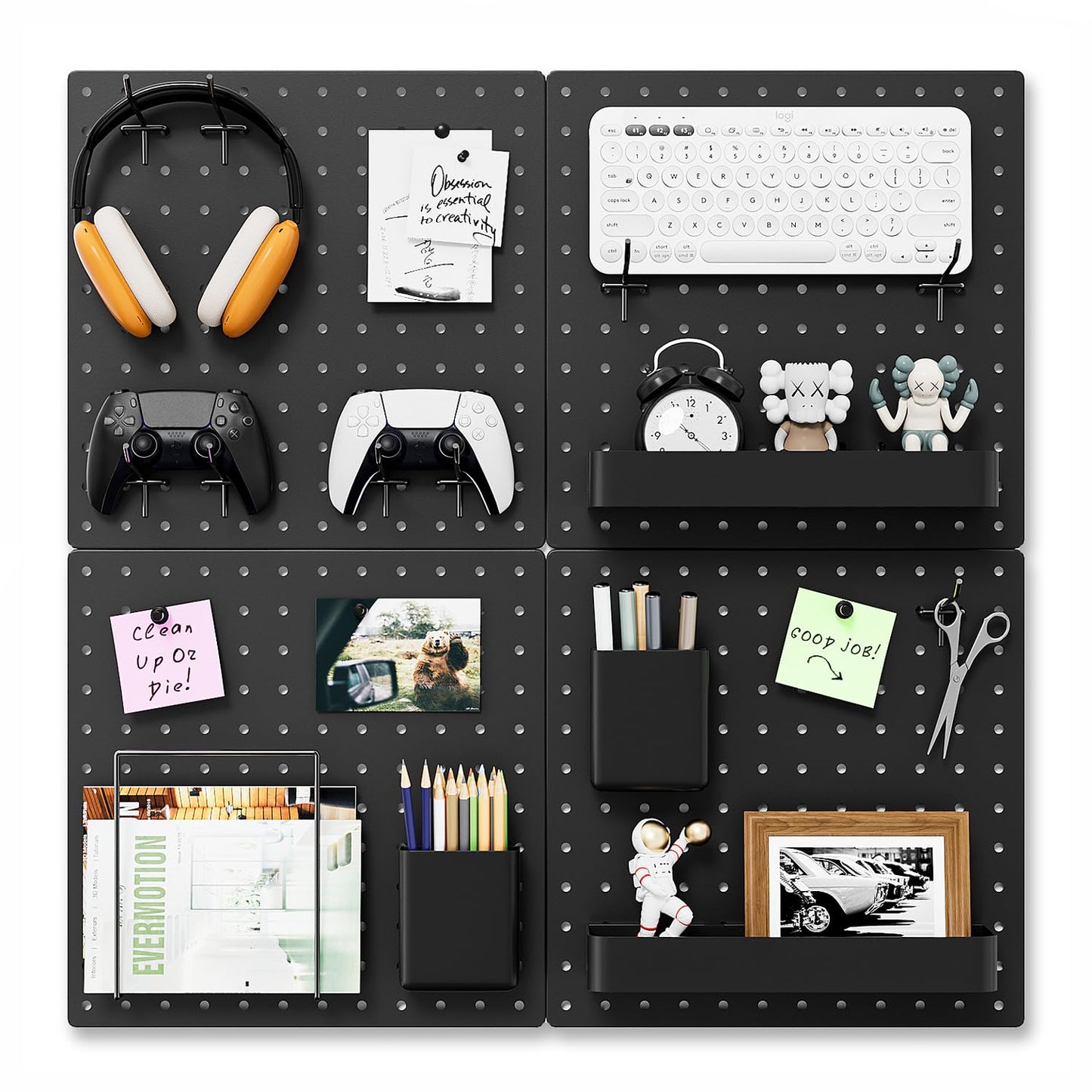 FZK Peg Board, 25pcs PegBoard Wall Organizer, 12in*12in, Includes 4 Black Pegboard and Accessories, Plastic PegBoard for Room, Office, Game Room, Kitchen and Bathroom