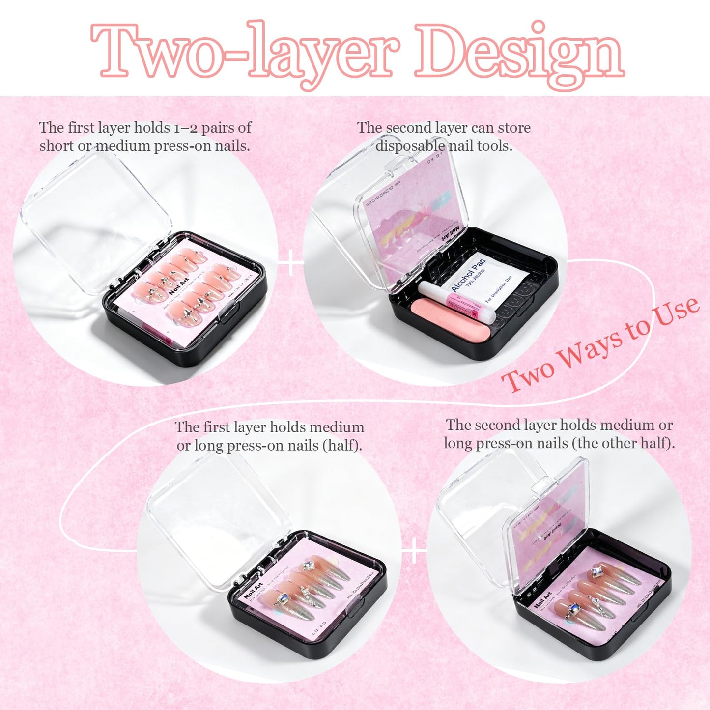 12pcs Press On Nail Packaging Box with 40pcs Nail Display Cards and 120pcs Adhesive Double Sided Tape,Nail Box Organizer Case Acrylic for Nail Salon Small Business(Black, 12pcs)