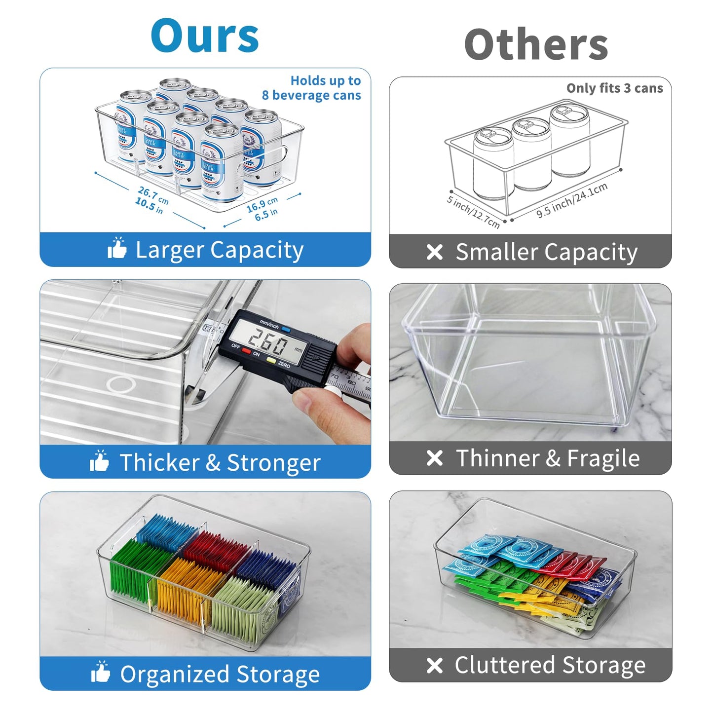 Mpotmiy 6 Pack Pantry Organizers and Storage,Clear Plastic Containers with 2 Dividers for Kitchen,Fridge Organization and Storage,Acrylic Bins for Pounches,Spice Packet,Snack organzier