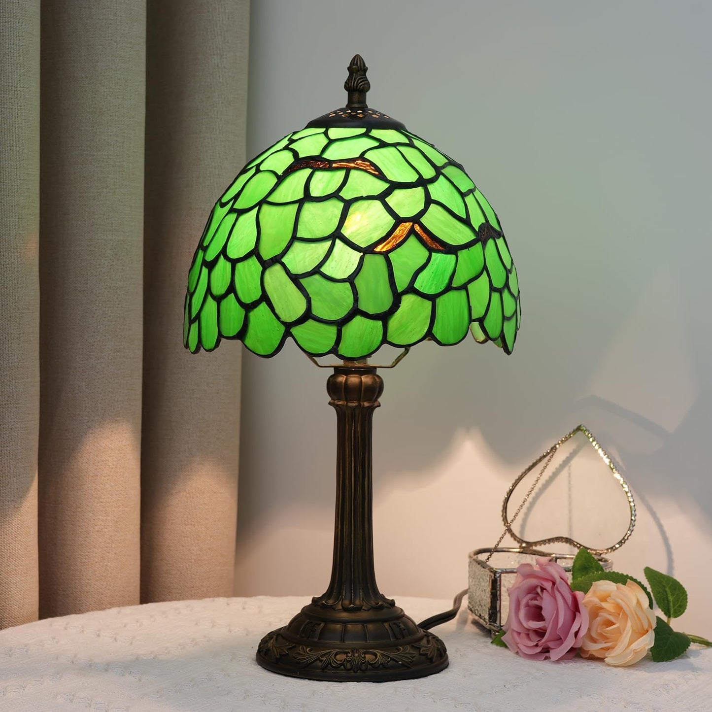 wecrejoni Tiffany Lamp Stained Glass Table Lamp 8X8X14 Inches Desk Reading Light Decor Beside Bedroom Living Room Home (H-1056- Green Leaf)