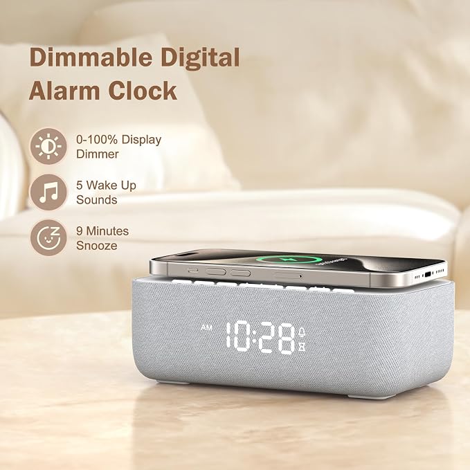 REACHER 15W Wireless Charging Alarm Clock with White Noise Machine
