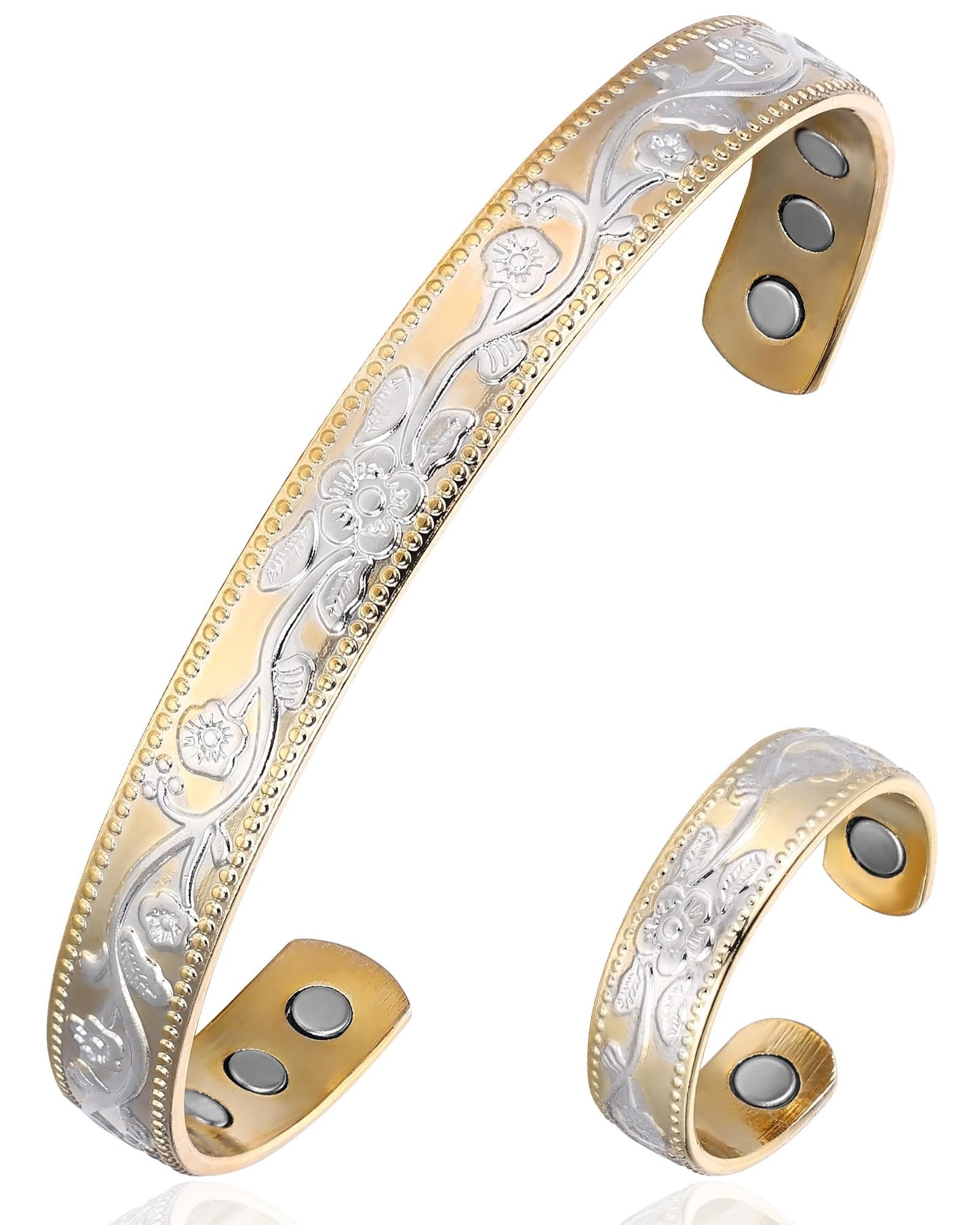 BioMag Copper Bracelet & Ring for Women, 99.99% Pure Copper Magnetic Bracelet Lymphatic Drainage Rings with 3500 Gauss Magnets, Adjustable & Flower Pattern (Gold Base with Silver)