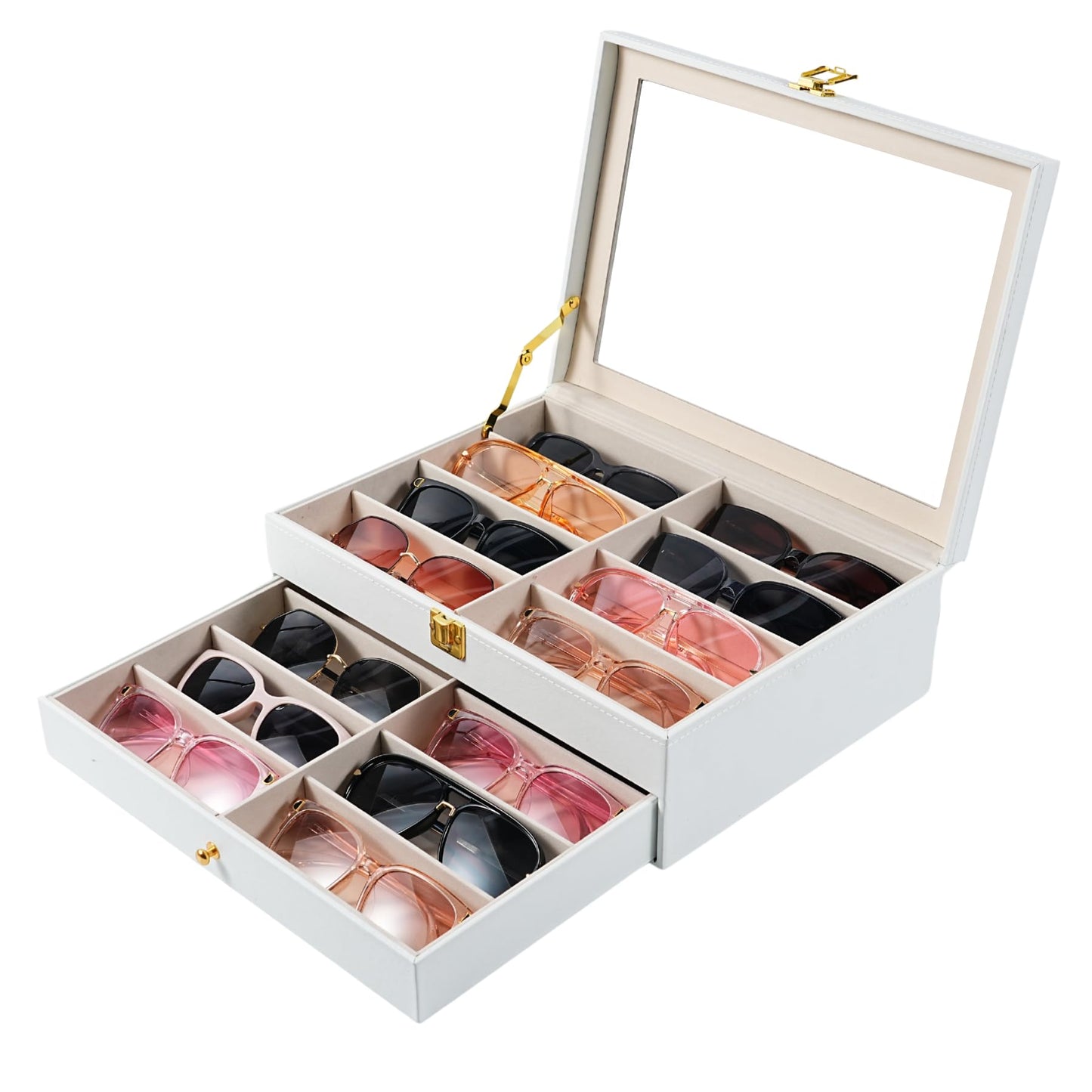 NEWLOOP Sunglasses Organizer Display Case - Sunglass Organizer for Women Men See-through Display Case Multiple Pairs Glasses Holder Stand 2-layer Eyeglass Collection Box with 16 Slots White