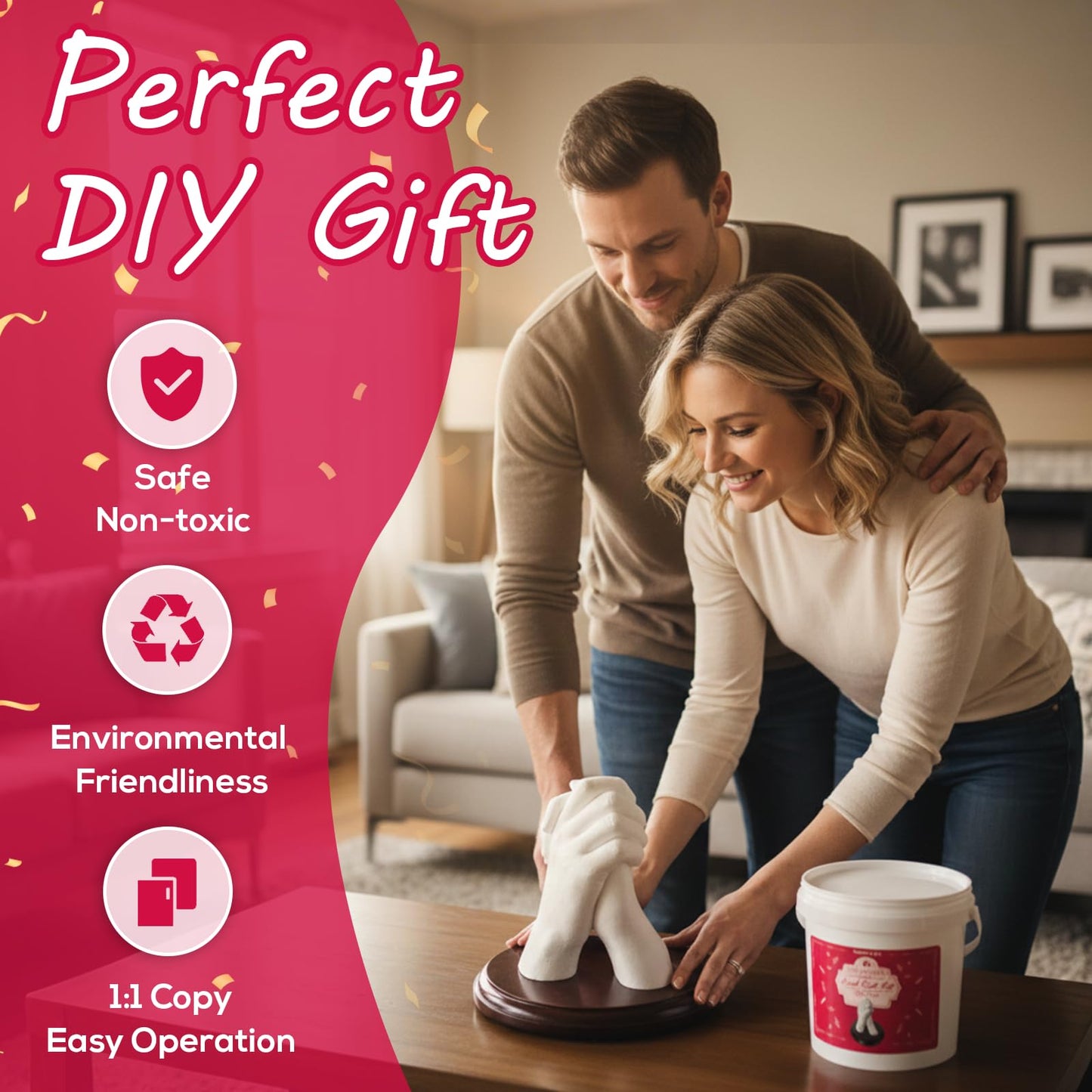 Falling in Art Hand Casting Kit Couples - Keepsake Plaster Hand Mold Kit for Family, Kids, Adults with Large Bucket, Gloves, Powder Materials, Color Paints, Wooden Base, Valentine's Day Gift