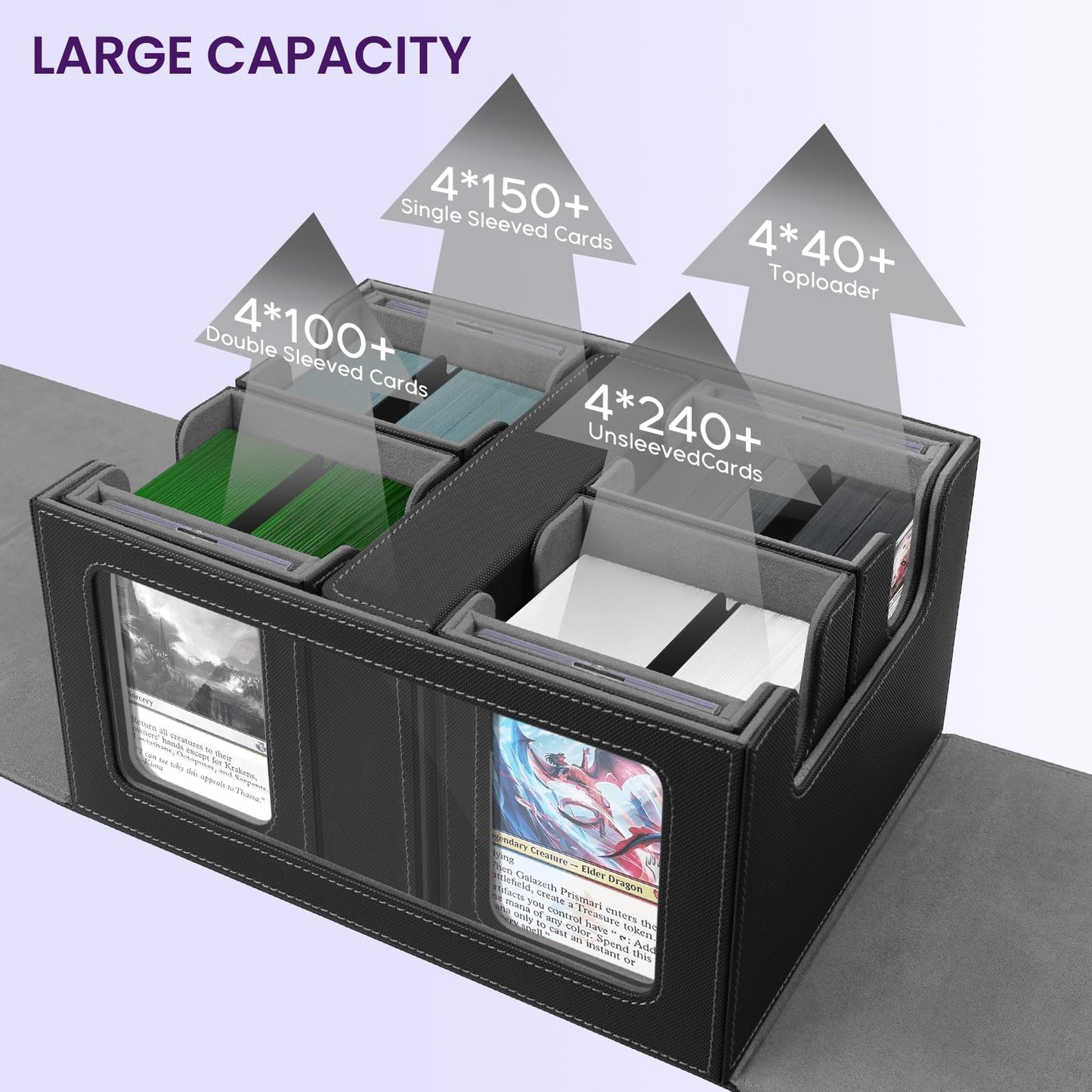 UAUZA Commander Deck Box for MTG, Holds 400+ Double-Sleeved Cards, Card Storage Case with Display Windows, Dice Tray & Handle, Trading Card Organizer with Dividers & Card Holders for TCG, Black Grey