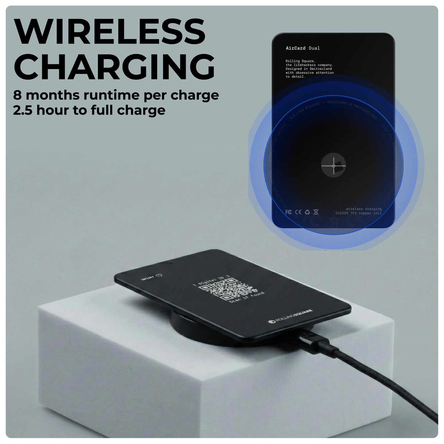Rolling Square AirCard Dual - Bluetooth Wallet Tracker - Compatibile with Both Apple iOS Find My and Google Android Find Hub – Wireless Charging, Anti-Loss Card – Smart Locator, Black