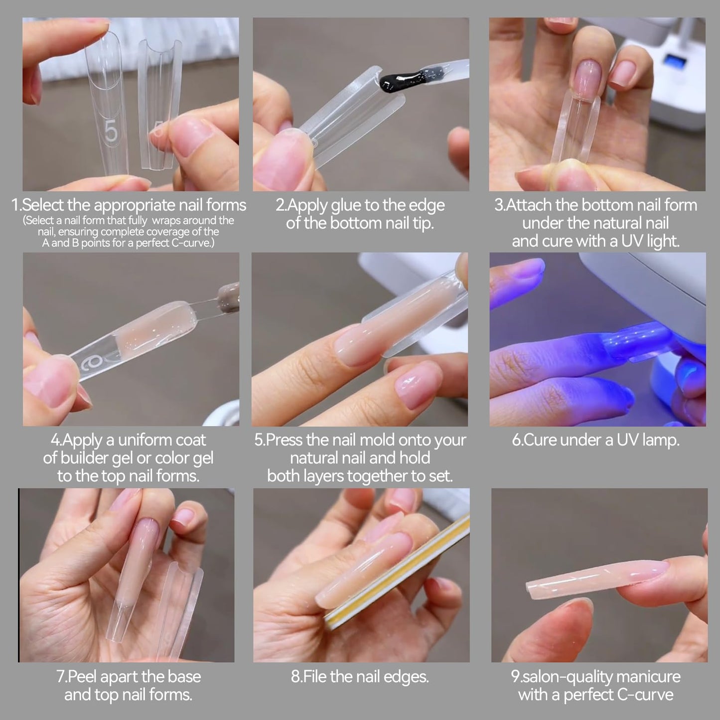 ESUOHYM 240 pcs Sandwich Dual Nail Forms Reusable Quick Nails Extension Mold for Builder Structure Poly Gel,15 Sizes Long Oval Bulider Forms with Almond Shape Guide Lines Nail Art Tools Salon Home
