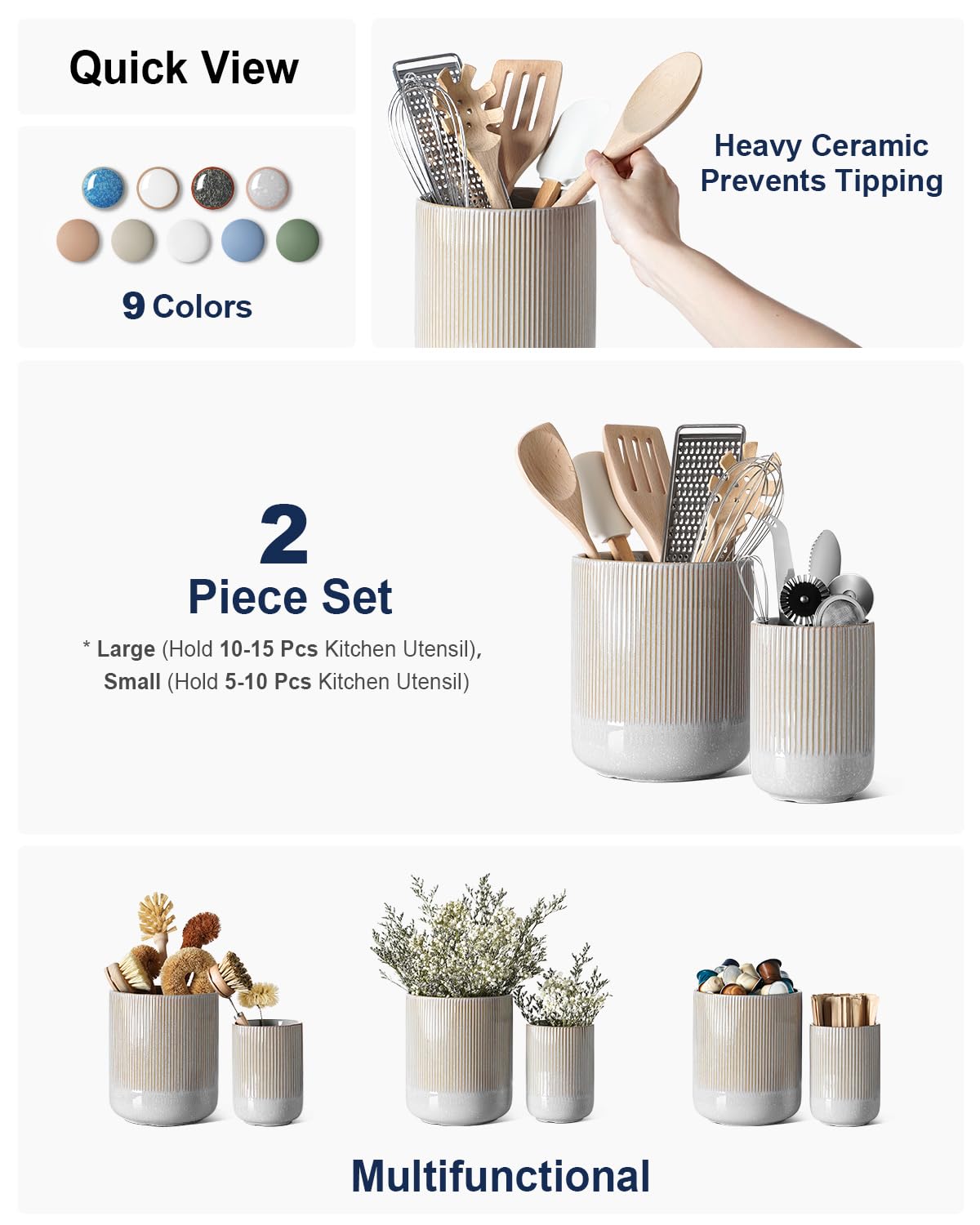 LE TAUCI Utensil Holder for Kitchen Counter, 7.3"+5.4" Fluted Ceramic Utensil Crock Organizer for Countertop, Heavy Large Holder for Spatulas, Spoons, Set of 2, Gray Marble