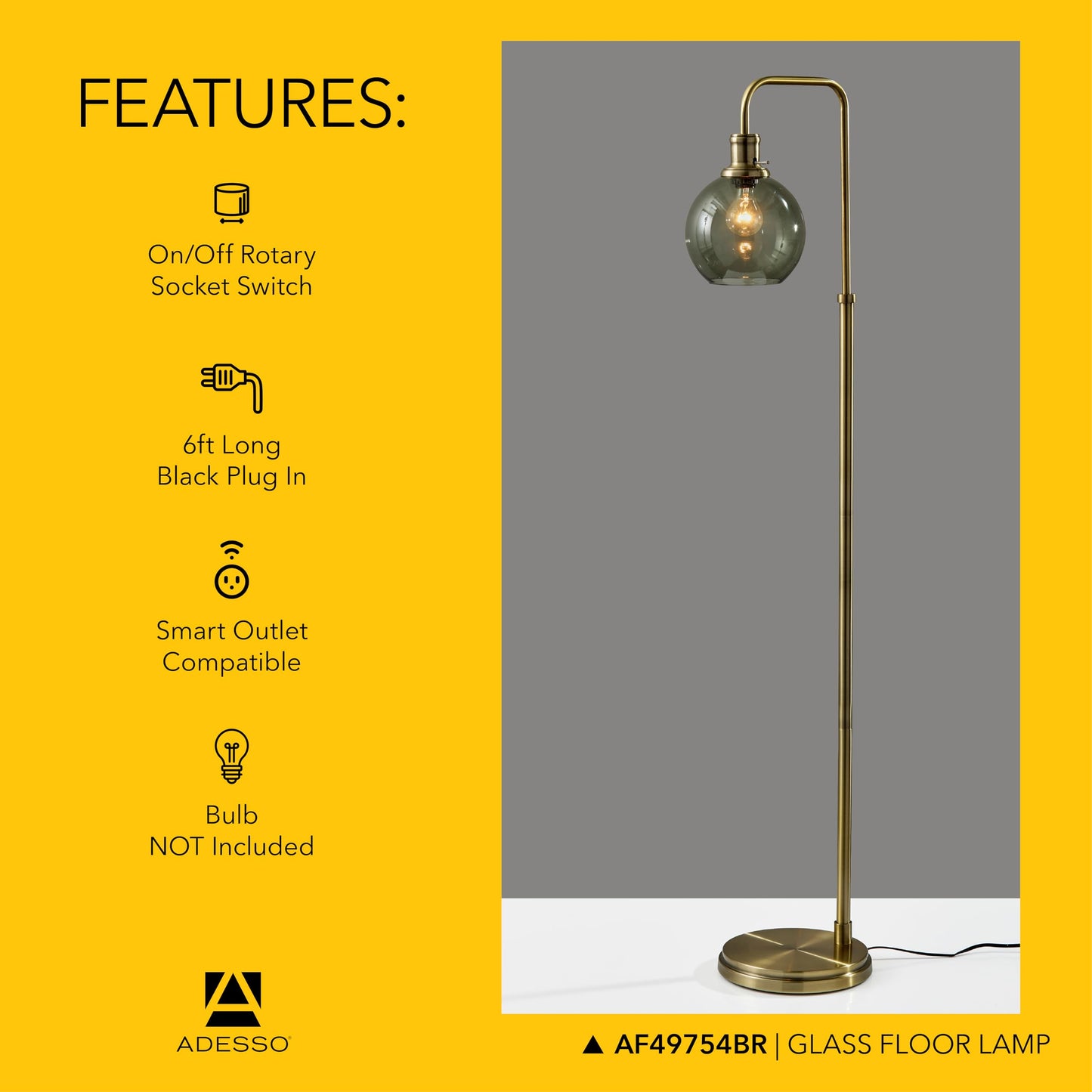 Adesso Globe Smoked Glass Floor Lamp with Antique Brass Finish – 60” Tall, Compact 10.5” Wide Base