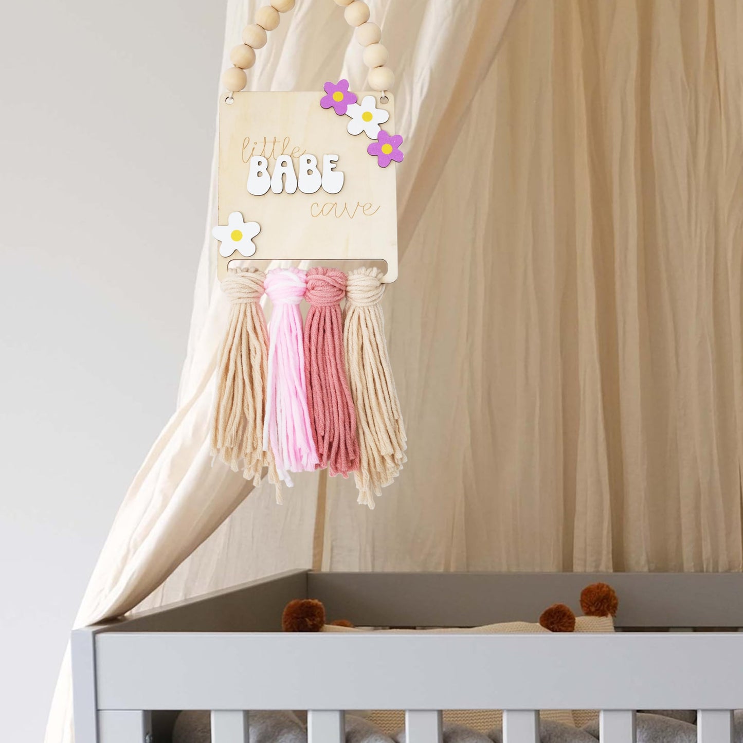 Little Babe Cave, Boho Style Wooden Bead Girls' Decor, Floral macrame Girls Sign, Daisy Sign - Nursery Decor