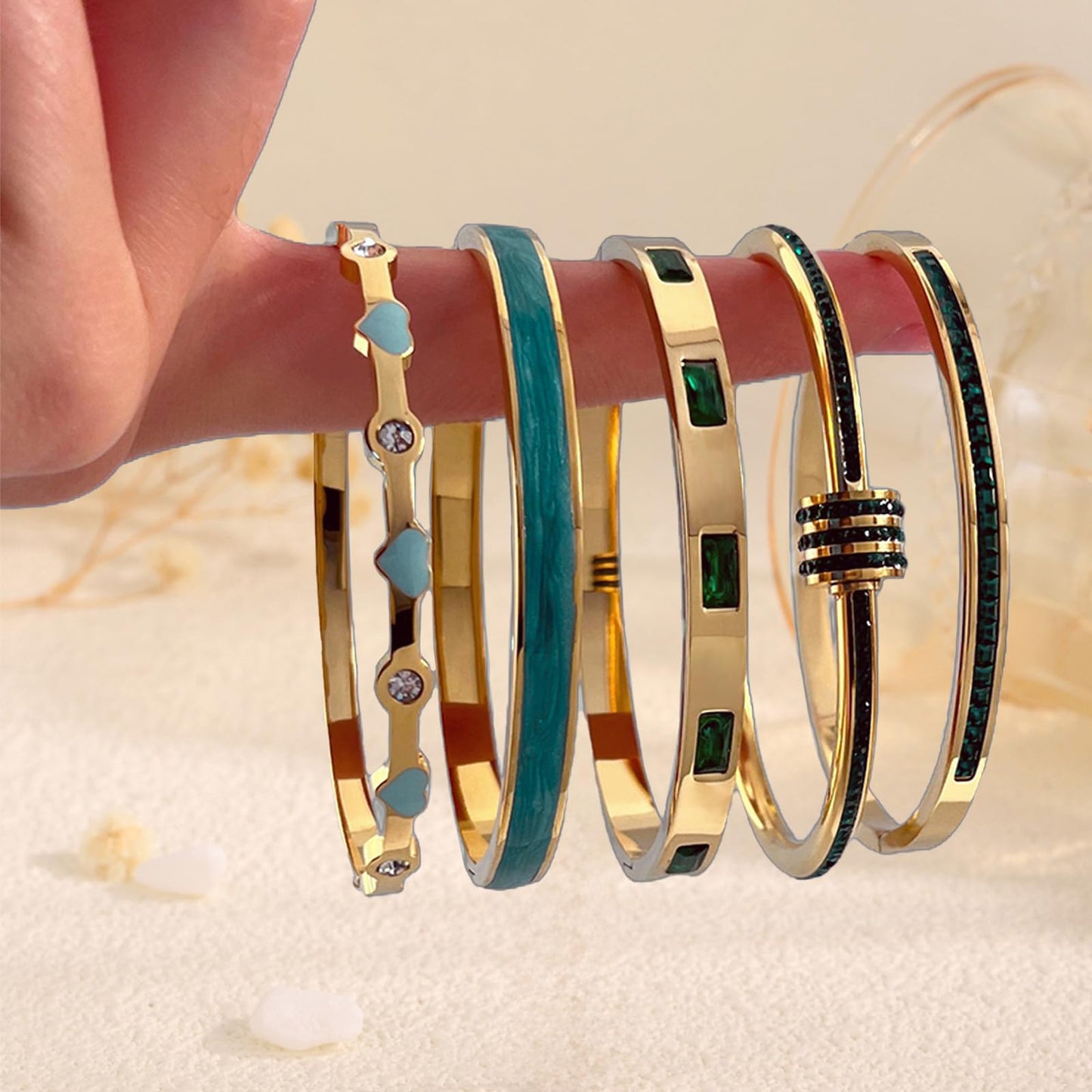 Camhanno 18K Gold Plated Stainless Steel 5-Piece Gold Bangle Bracelet Set for Women - Pink Crystal Friendship & Love Heart Design, Stackable Bangles Jewelry - Ideal Birthday Gift for Women (Green)