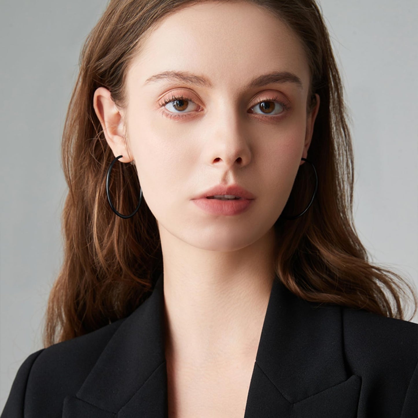 PICKBEAU Black Large Hoop Earrings for Women | 14K Plated Hypoallergenic Big Round Circle Hoops Stainless Steel Womens Loop Dangle Earrings Set (30/40/50/60mm)